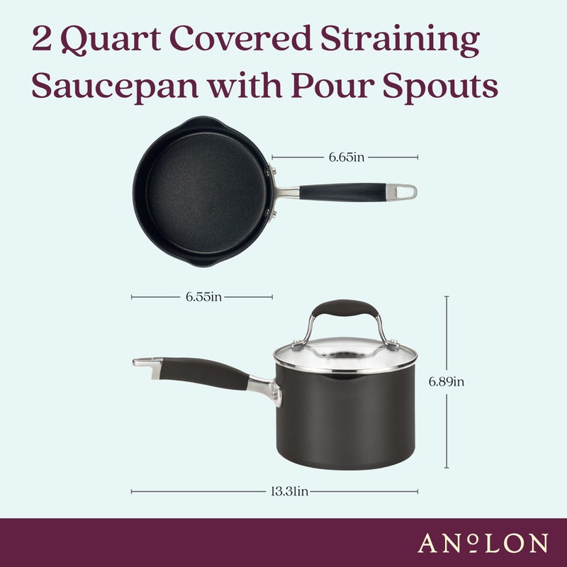 Anolon Advanced Home Hard Anodized Nonstick Sauce Pan/Saucepan with Straining and Lid, 2 Quart (2 Qt Straining Saucepan, Onyx) - Image 2